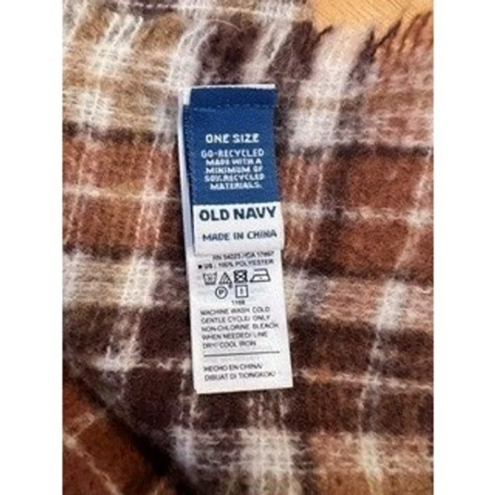 Old Navy Plaid Blanket Scarf Brown Tan Cream Fringe Soft Cozy 25